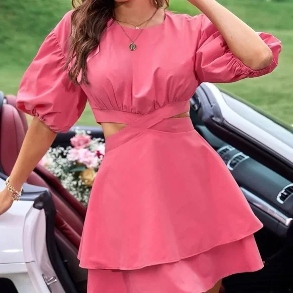 Boho pink cutout sides ruffle hem dresS LAST ONE - Picture 4 of 6